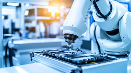 Leinwandbilder - An advanced robotic system performing automated quality inspection of high-end electronics in a clean manufacturing facility, modern and precise environment with a focus on electronics quality control