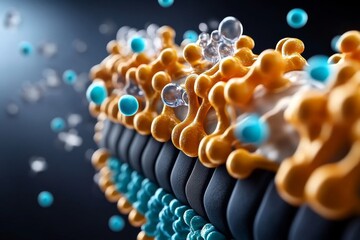 Poster - Ion channels in action, showing a close-up of the cell membrane with ions like calcium and sodium moving in and out through the channels