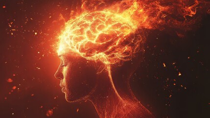 Wall Mural - cortisol's influence on mood & mental health: fiery neural silhouette representing intense effects
