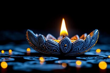 Fototapete - Minimalist glowing Diya lamp, with a soft, flickering flame on a clean, dark background, symbolizing the light of Deepavali