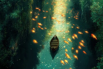 Canvas Print - a boat floating down a river filled with gold fish