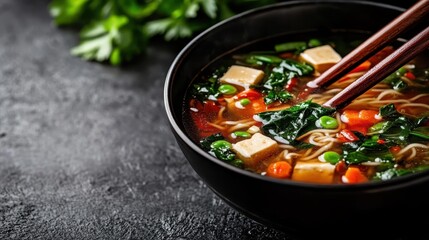 Wall Mural - This delightful ramen bowl features colorful vegetables, tofu, and chopsticks, offering a fresh and healthy meal option with an artful blend of colors and textures.