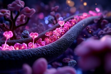 Poster - Mystical ion transport through a fantasy cell membrane, with ethereal, glowing ions flowing in swirling patterns through organic, fantasy-inspired channels