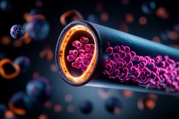 Poster - Neon-lit ion channels in a cyberpunk cell membrane, with holographic interfaces showing real-time data of ion transport and glowing particles