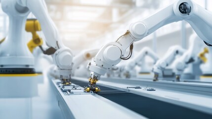 Aufkleber - An advanced robotics assembly line with multiple robotic arms assembling intricate parts, clean industrial setting with high-tech machinery, Industrial style