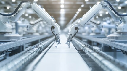 Aufkleber - An advanced robotics assembly line with multiple robotic arms assembling intricate parts, clean industrial setting with high-tech machinery, Industrial style