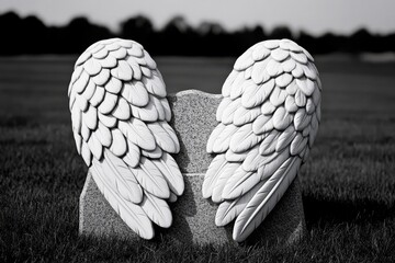 Poster - Single angel wing sculpture placed at the head of a grave, with clean lines and soft shadows on a plain background