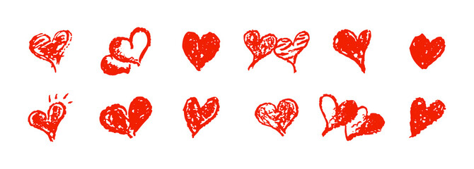 Poster - Set of red hearts signs drawn by wax pencil. Love symbols in doodle style. Collection of hand drawn kid hearts elements for valentine card or rock, hip hop music poster design. Vector illustration.