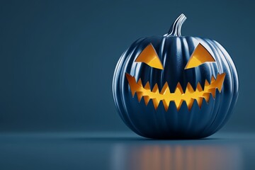 Poster - Single glowing jack-o'-lantern on a clean background, its friendly smile lighting up the autumn night in a minimalist style