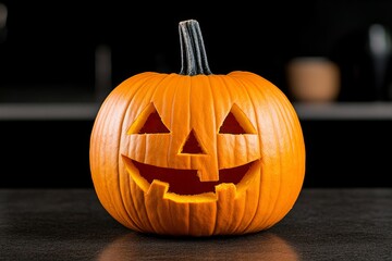 Poster - Single pumpkin on a plain table, with a soft, glowing jack-o'-lantern face, representing the simple joys of the autumn harvest