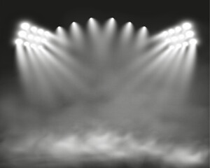 Poster - Light spotlights with smoke on a transparent background.Vector illustration of an illuminated scene.
