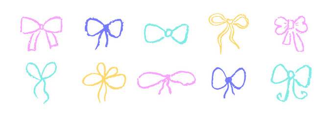 Poster - Set of bows drawn with pastel or charcoal pencil. Colorful chalk bow gift ribbon line simple element on white chalkboard background. Like kids drawn bows drawing collection. Vector illustration.