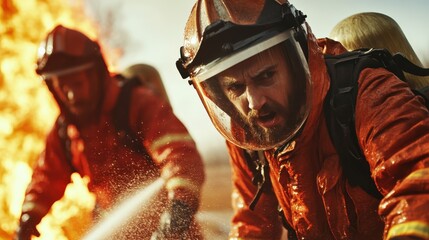 Two firefighters in protective gear courageously combat a fierce blaze, using hoses to extinguish the flames amidst a dangerous, high-pressure environment.