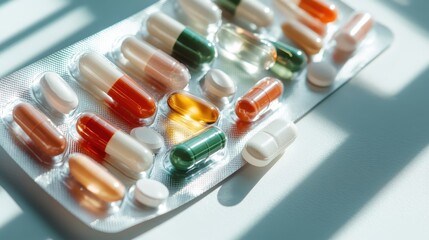 Wall Mural - a collection of colorful capsules and tablets neatly arranged on a white surface, highlighting a var