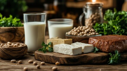 A rustic spread of plant-based ingredients including tofu, seitan, soybeans, and fresh greens displayed with glasses of milk on a wooden table setting.