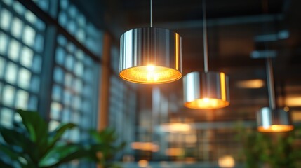 A close-up view of a sleek metallic pendant light glowing warmly, highlighting its texture and form within a cozily designed interior with blurred elements.