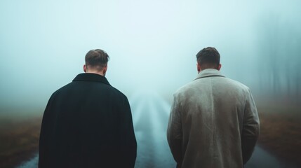 A mysterious photograph depicting two men in stylish coats walking into dense mist, symbolizing an air of mystery and introspection on an empty path.