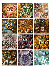 Wall Mural - isolated square pictures of zodiac signs over christmas background in various colors, astrology and christmas concept 