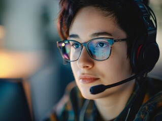 LGBTQ businessperson with a headset, close-up during a virtual meeting, focused and engaged