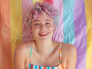 LGBTQ individual in a casual outfit, with a background of colorful geometric shapes, exuding positivity