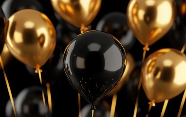 Celebration festival background featuring gold and black realistic 3D helium balloons, perfect for a greeting banner or poster design for birthdays or anniversaries