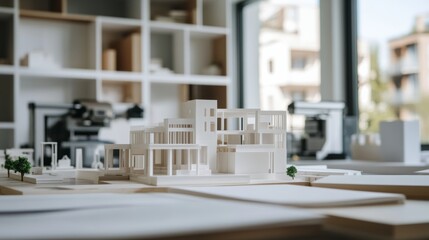 Poster - An innovative architectural design studio with 3D printing machines creating building models, Architectural style, photo of