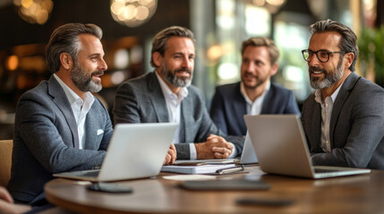 Poster - A group of men are sitting around a table with laptops open