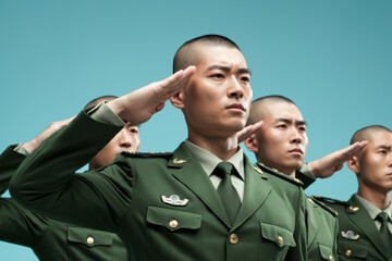 Chinese soldiers giving salute during ceremony military, glory and honor, dignified military uniform