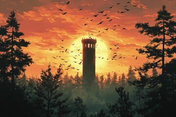 Sticker - a painting of a tower with birds flying around it