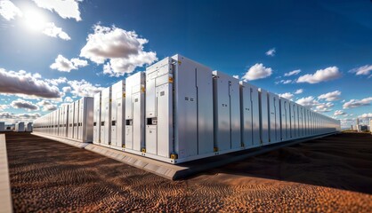 Grid-scale battery energy storage. A large battery energy storage system (BESS) in a desert environment, likely used to store energy from renewable sources like solar power.