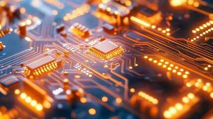 Aufkleber - An intricate circuit board with glowing components, placed on a reflective surface, High-tech style
