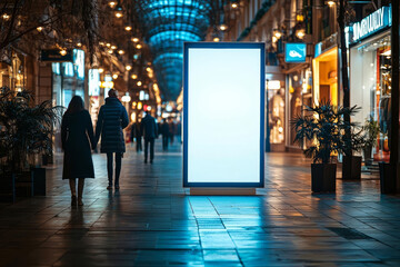 hyper realistic photo of  Luminous digital screen panel stand mockup inside a shopping center  , copy space for text,