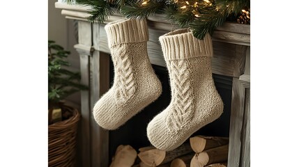 Two knitted christmas stockings hanging on a fireplace mantle