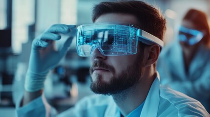 Poster - Augmented reality glasses prototype in a research and development lab, innovative workspace with engineers testing new technology, Innovative style