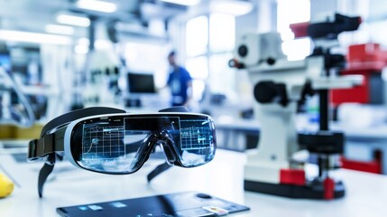 Poster - Augmented reality glasses prototype in a research and development lab, innovative workspace with engineers testing new technology, Innovative style