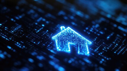 Leinwandbilder - Digital house icon composed of glowing blue pixels on dark background, symbolizing technology in real estate