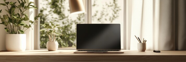 Aufkleber - A clean and inviting workspace showcases a laptop surrounded by indoor plants, illuminated by natural daylight streaming through a window. Generative AI