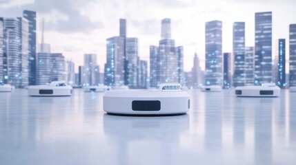 Aufkleber - Autonomous cleaning robot fleet, smart city environment with robotic cleaners and cityscape, High-tech style