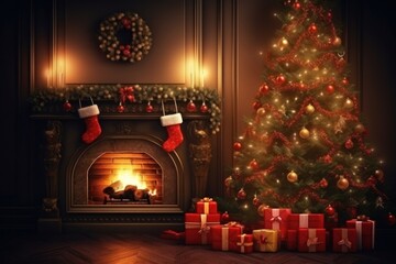 Canvas Print - Interior christmas fireplace night tree.