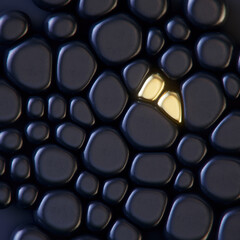 Poster - Digital illustration of golden drops among soft black organic shapes. Elegant and sophisticated design. Dark and mysterious atmosphere. 3d rendering