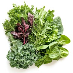 Wall Mural - A vibrant assortment of fresh leafy greens on a white background. This image showcases healthy kale, spinach, and arugula. Perfect for health blogs and recipe sites. AI