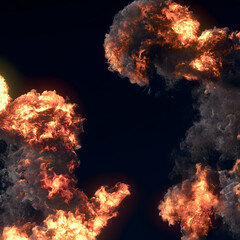 Poster - Digital illustration of fire explosions with bright flames filling a dark background. 3d rendering