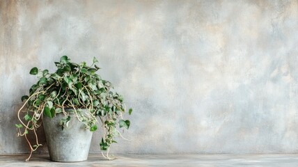 Potted green plant against grey concrete wall backdrop