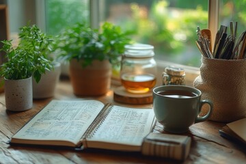 Cozy Workspace with Open Notebook and Coffee Cup by Sunny Window