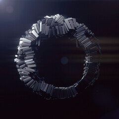 Leinwandbilder - Digital illustration of interaction of shiny metallic rectangular elements on dark background, assembled in a ring shape by a force field. Futuristic composition. 3d rendering