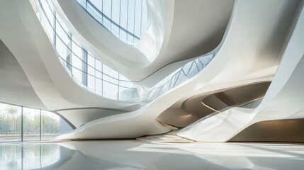 Poster - Modern White Interior with Curved Walls and Glass Windows