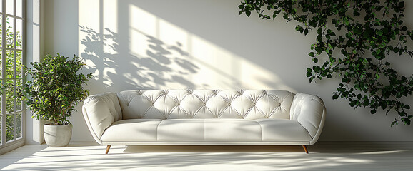 3D rendering of a white living room interior with a sofa and a plant on the wall, a white minimalist background, and empty space.