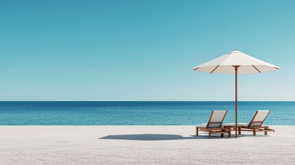 A serene beach scene featuring two lounge chairs under a large umbrella, overlooking clear blue waters and a bright sky.