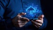 © Sweettymojidesign - Hands holding smartphone with holographic house interface, showcasing digital technology in real estate.