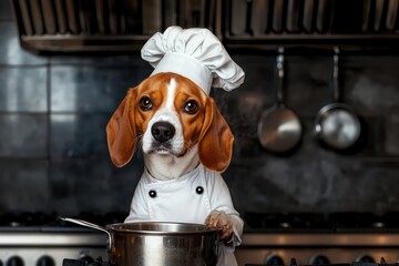 A beagle dog wearing a chef hat and coat, cooking in a modern kitchen.